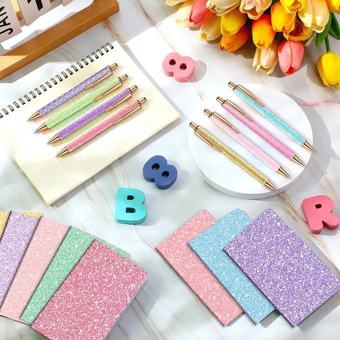 Sayglossy 16 Pack Glitter Pens and Notepads Set 8 Mini Glitter Pocket Notebooks 8 Fancy Sparkly Ballpoint Pens Stationery Gifts for Women Teacher Journaling School Office Supplies (Pastel Color)