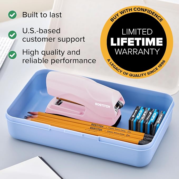 Bostitch Heavy Duty Compact Stapler, 40-Sheet Capacity, No-Jam Technology, Flat Clinch Design, Half-Strip Desktop Stapler, Pink