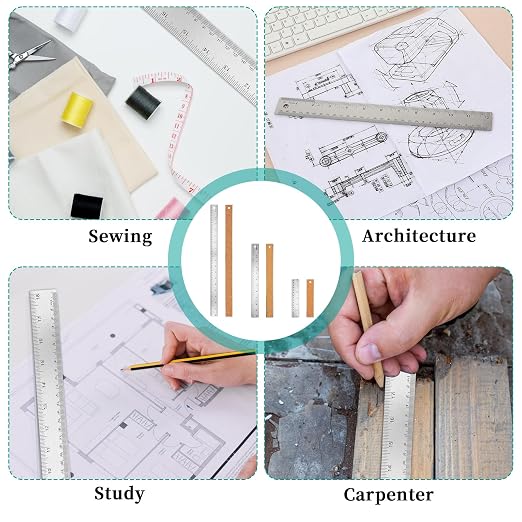 Metal Ruler with Cork Backing 6+12+18 Inch Stainless Steel Metal Ruler Non-Slip Rulers with Inch and Centimeters Straight Edge Cork Base Rulers for Drafting Office Tools, Prevent Ink Leakage