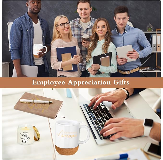 Sayglossy 4 Pcs Thank You Gift Set for Women Men Back to School Teacher Appreciation Gift Leather Notebook Inspirational Coffee Mug Scented Candle Ballpoint Pen for Employee Coworker Nurse Boss, White