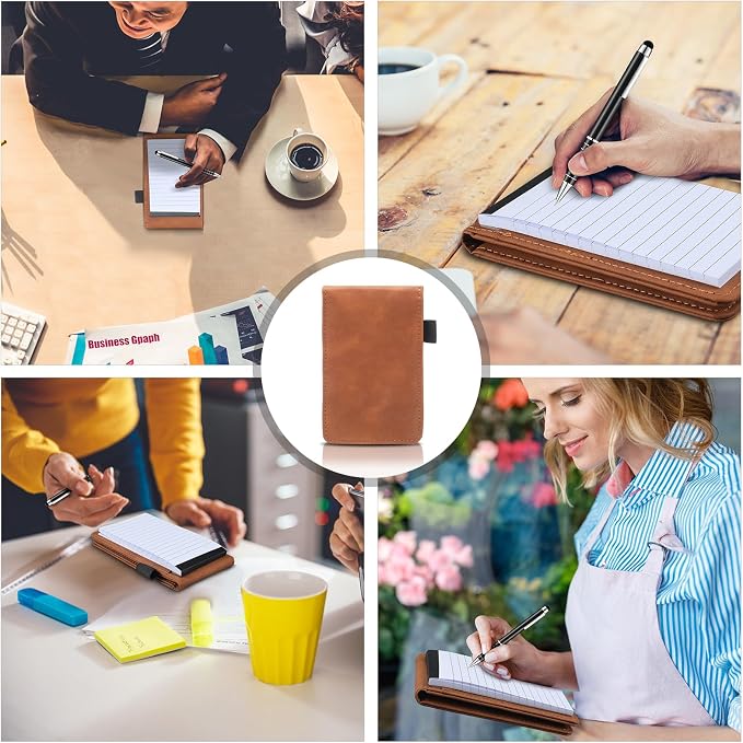 Outus 10 Pcs Mini Pocket Notepad Holder Set Included Small Leather Pocket Notebook Holder with 50 Lined Sheets, Metal Pen, 8 Pcs 3 x 5 Inch Memo Book Refills, 30 Lined Paper Per Note Pad (Camel,white)