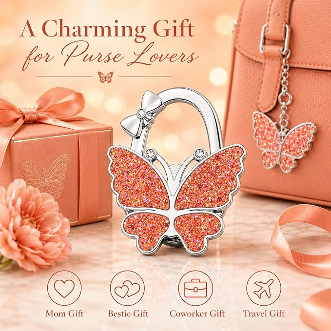 Purse Hook for Table, Foldable Handbag Hanger for Women, Portable Bag Holder with Non-Slip Base, Cute Red Glitter Butterfly Purse Table Hook for Restaurant Office Travel Gift