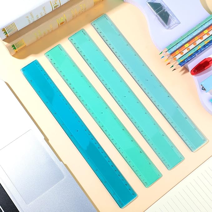 4 Pack Plastic Straight Rulers 12 Inch Coastal Colors Kids Ruler for School Clear Blue Ruler with Centimeters and Inches for Student Teacher Classroom Office School