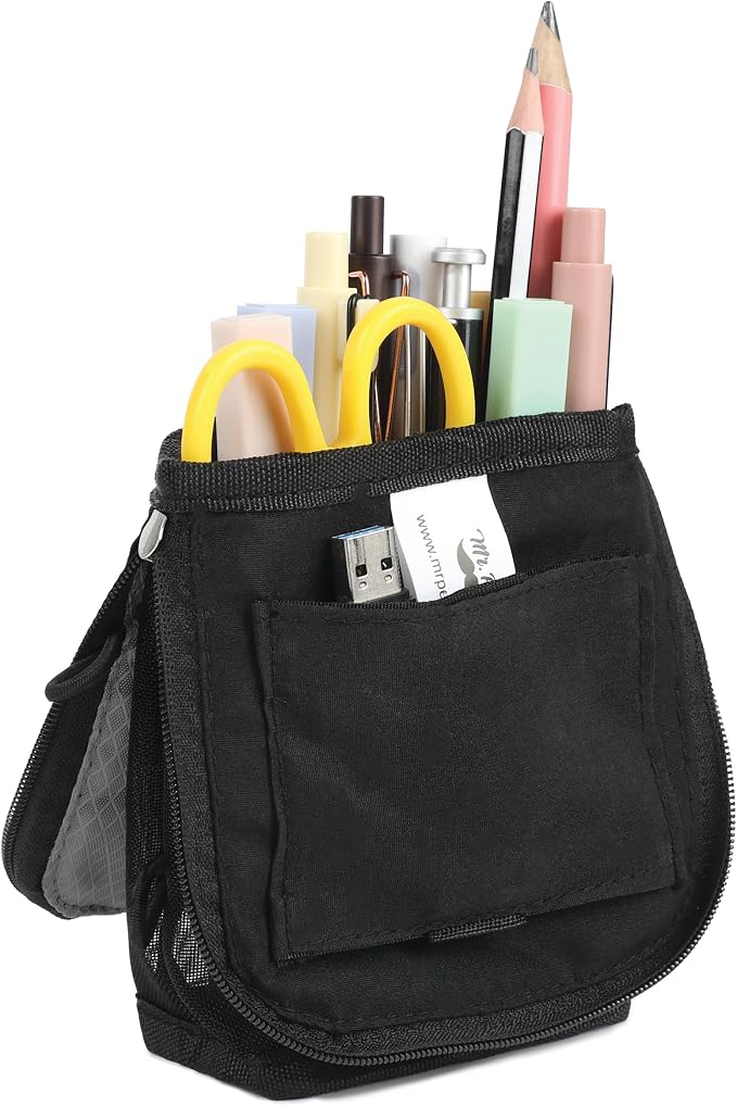 Mr. Pen- Standing Pencil Case Pouch, Sit & Lay Mesh-View Design | Black & Gray, Interior Pocket & 2 Elastic Binder Loops, Cute Pencil Case for Girls and Boys