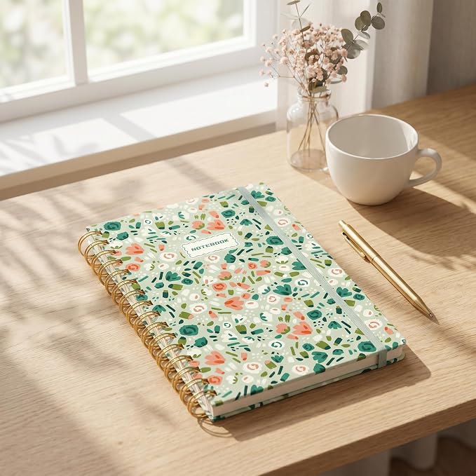 AHGXG Spiral Journal Notebook, 160 Lined Pages, A5 Medium Size (5.7'' x 8.3''), for Women, Journaling, Writing, Work & Office, Hardcover, 100 GSM Thick Paper (Ditsy Floral Sagel)