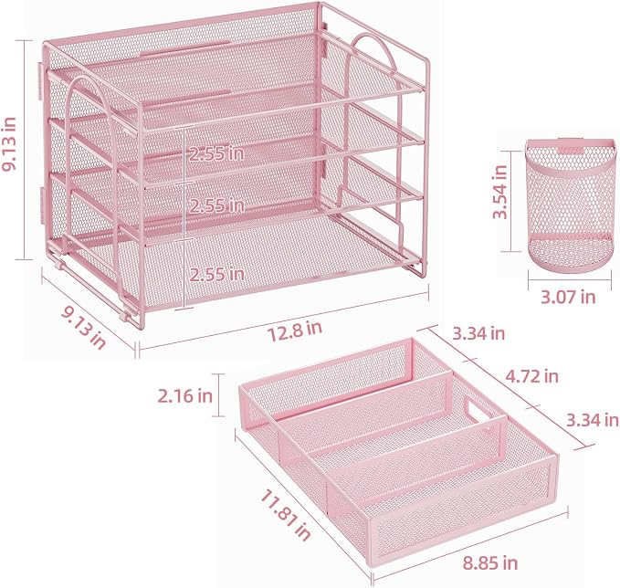 Marbrasse Desk Organizer and Accessories, 4-Tier Paper File Letter Tray Accessories & Workspace Desk Organizers with Drawer and 2 Pen Holders for School Home Office Supplies(Pink)-2P