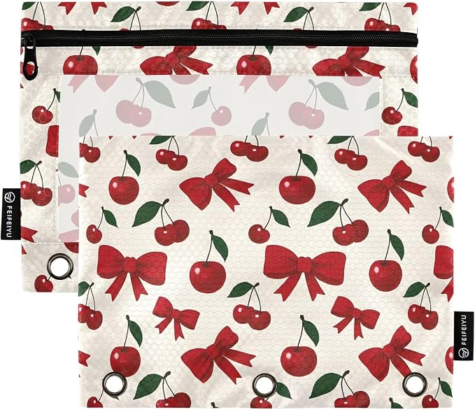 Cherry Red Bow Pencil Pouch for 3 Ring Binder 2 Pack Zipper Binder Pencil Bag Case with Clear Window Office Supplies