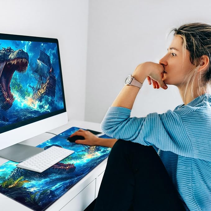 Heated Desk Pad Mouse Pad,Heated Desk Mat,with 3 Heating Levels & 3 Hours Auto Shut-Off,Leather 23.6"*14.2" Gaming Mouse Laptop Mat,Foot Warmer,Blue Dinosaur Ocean