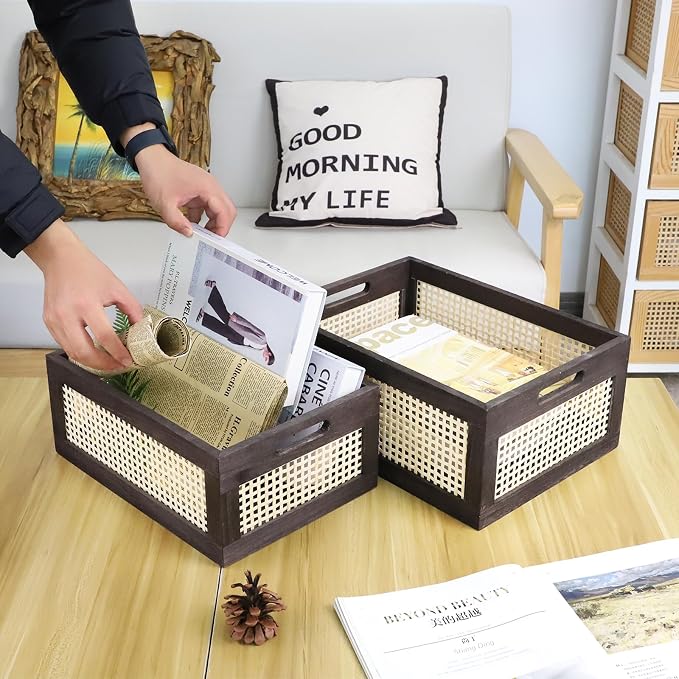 Desktop Storage Basket, Sundry Office Drawer Storage Box, Wood Frame Storage Basket. (Brown-Set2)