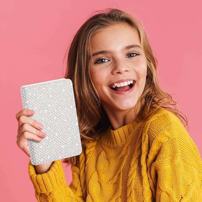 Resholder Rhinestone Pen & Glitter Notebook Set, Hard Cover Bling Diary Journal for Girls, Cute School Supplies for Back to School, Sparkly Desk Accessories Gift for Women(Pearl,A5,White)