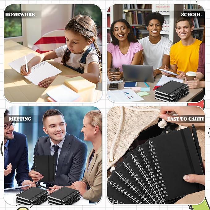 Fulmoon 10 Set Small Spiral Notebooks A6 with Pens Bulk, Multicolor 4" x 6" Pocket Notebooks Mini Lined Journals 50 Sheets for Back to School Supplies Students Rewards Office Gifts (Classic Black)