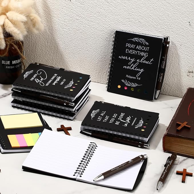 Kosiz 40 Pcs/20 Set Christian Gift Bulk Bible Verse Bamboo Pen Spiral Bible Notebook with Notes Religious Basket Stuffers for Back to School Teacher Church Members Coworker (Black)