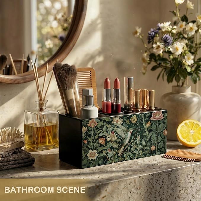 Vintage Floral Hummingbird William Morris Inspired Wooden Pencil Pen Holder for Desk Accessories, Rustic Botanical Hummingbird Bird Makeup Brush Holder Organizer for Bathroom Vanity