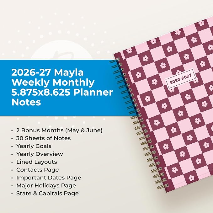Blue Sky 2026-2027 Weekly & Monthly Academic Planner, 5.875"x8.625", Mayla | July 2026 - June 2027, Flexible Pocket Cover, Wirebound, Laminated Tabs, Extra 30 Sheets of Notes, Academic Year