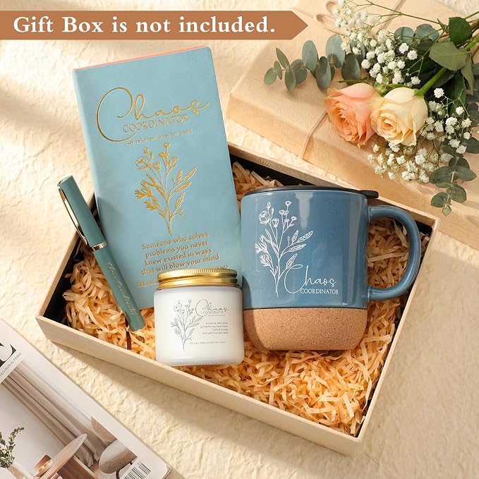 Sayglossy 4 Pcs Blue Chaos Coordinator Gift Set Back to School Gift for Teachers Women Men Notebook Coffee Mug Scented Candle Ballpoint Pen for Teacher Assistant Principal Class School Staff Coworker