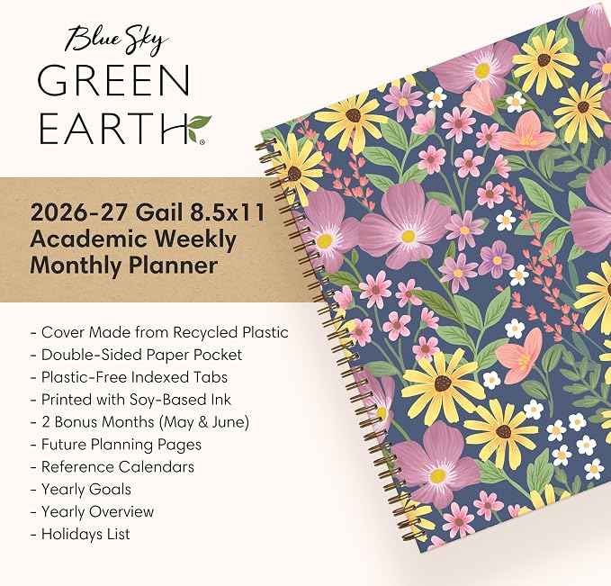 Blue Sky 2026-2027 Weekly & Monthly Academic Planner, 8.5"x11", Gail | July 2026 - June 2027, Flexible Cover From Recycled Plastic, Wirebound, Laminated Tabs, Storage Pocket, Academic Year