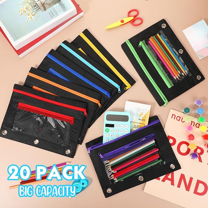 Zhehao 300 Pcs Binder Pencil Pouch Bulk Mesh Pencil Pouch for 3 Ring Binder with Zipper and Double Pocket for Writing Utensils School Supplies(Dark Color)