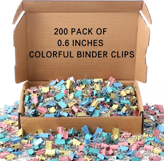 Jetec 200 Pcs Colorful 0.6 Inch Binder Clips Small Paper Clamps Metal Paper Clips for Teachers Students Classroom Business Office and School Office Supplies