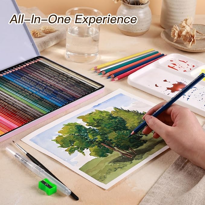 rubens 59 PCS Artist Watercolor Pencils Kit for Adult Drawing | 36 Colors Soft Core Watercolor Pencils In Metal Box with Brush, Water Brush Pen, Sharpener, 20 Sheets Hot Pressed Papers