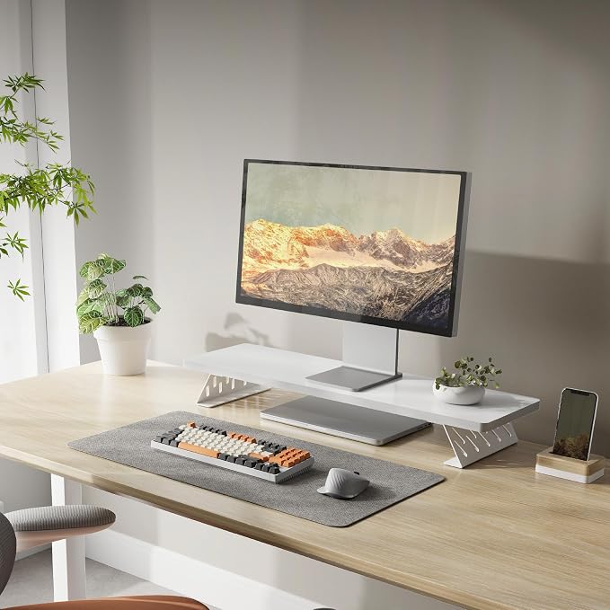 Fenge Monitor Stand Riser, Wooden & Metal Desk Shelf Organizer, White | 31.5 Inch Computer Stand for Compact Work Station, Multifunctional Monitor Shelf for Laptop, PC, Printer