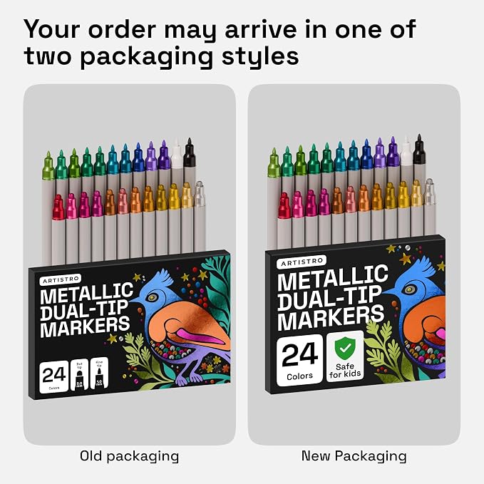 ARTISTRO 24 Metallic Dual-Tip Acrylic Paint Markers – Paint Pens Set with Dot & Fine Tips for Fabric, Rock, Glass, Wood, Coloring Books – Arts & Crafts Gift – Classroom Must Haves & School Supplies