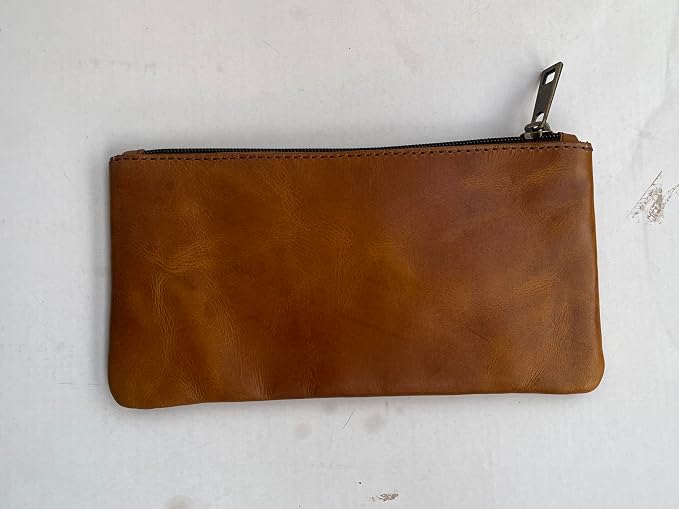 Vintage Leather Pencil Case Pouch, Pen Pouch for Work & University, for Men,Women/Leather Pencil Cases for Adults Perfect for Office/Tool Pouch Zipper Bag, Small Tool Bag (Light Tan)