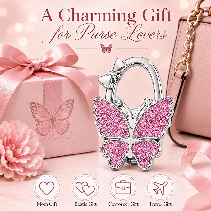 Purse Hook for Table, Foldable Handbag Hanger Holder for Women | Portable Bag Holder with Non-Slip Base, Cute Pink Glitter Butterfly Purse Table Hook for Restaurant Office Travel Gift