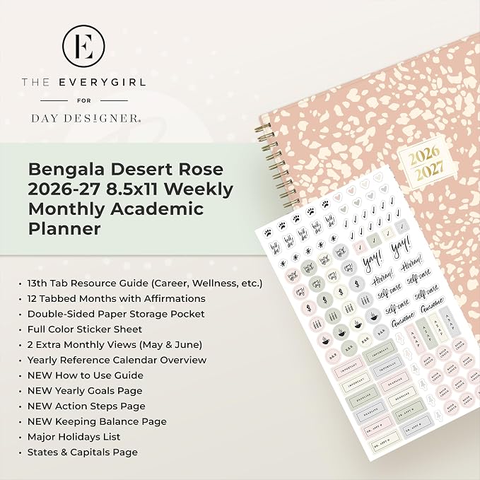 Blue Sky 2026-2027 Weekly & Monthly Academic Planner, 8.5"x11", Bengala | July 2026 - June 2027, Flexible Cover, Wirebound, Laminated Tabs, Storage Pocket, Stickers, Academic Year, The Everygirl