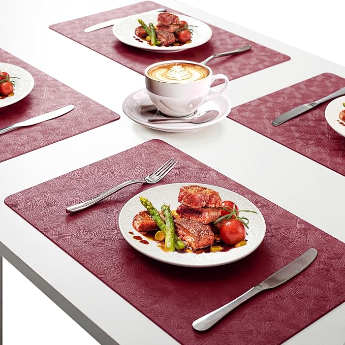 Red Plastic Placemats Set of 6, Faux Leather Waterproof Table Mats | Red Vinyl placemats,Wipeable and heat resistant table mats.Easy to clean,great for indoor and outdoor