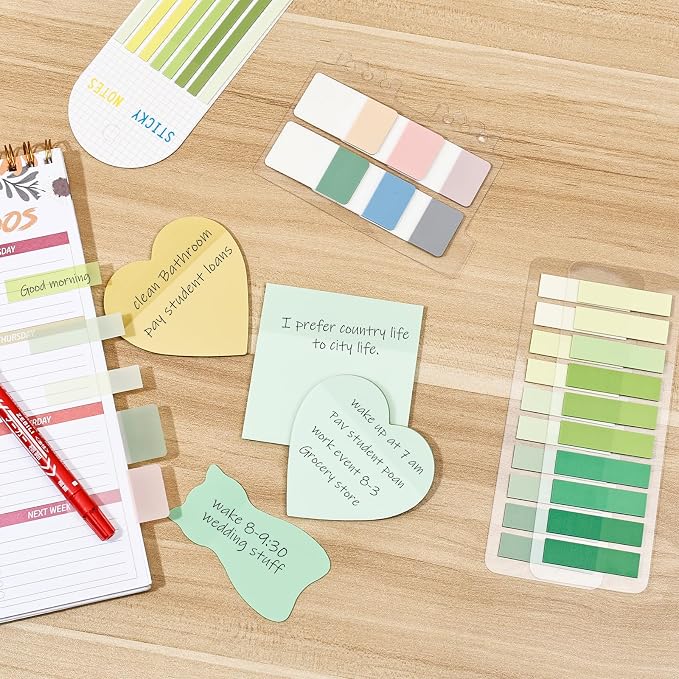 BAYTORY 850 Sheets Transparent Sticky Notes with Permanent Markers (Green) | Clear 3 x 3 inch Sticky Note to Post Book Annotation Kit, See Through Self-Adhesive Index Tabs for Bible Journaling