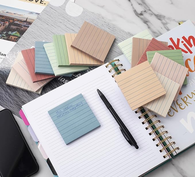 (16 Pack) Lined Sticky Notes 3x3 in Ruled Stickies Super Sticking Power Memo Pads Vintage Colors, Post on Windows Doors,Recyclable,Easy to Write on