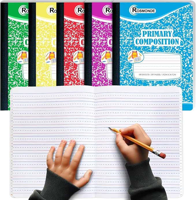 Rosmonde Primary Composition Notebooks, 5 Pack, Writing Dotted Lined | Composition Notebooks Primary Ruled, 200 Pages (100 Sheets), Grades K-2 Writing Workbook, 9-3/4" x 7-1/2", Assorted Marble