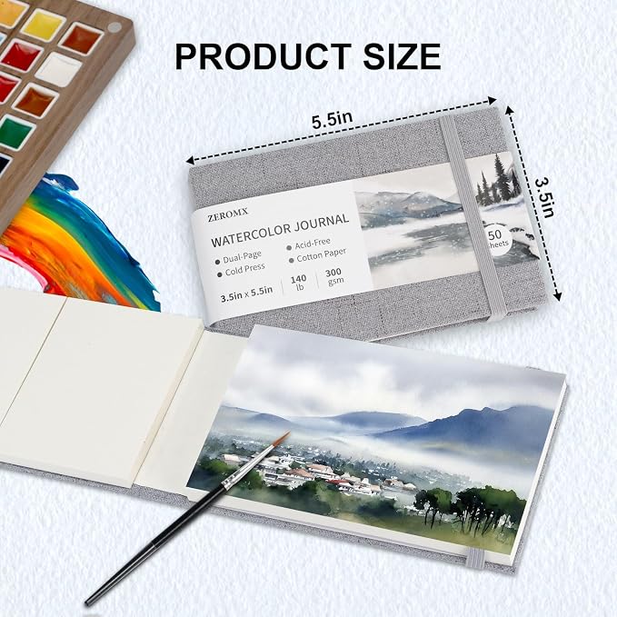 ZEROMX Watercolor Sketchbook, 3.5x5.5 Watercolor Journal, 2 Packs, 50 Sheets Each, Cotton Paper, Cold Press, 140lb/300gsm, Mini Watercolor Book, Watercolor Notebook for Travel Painting (Grey)