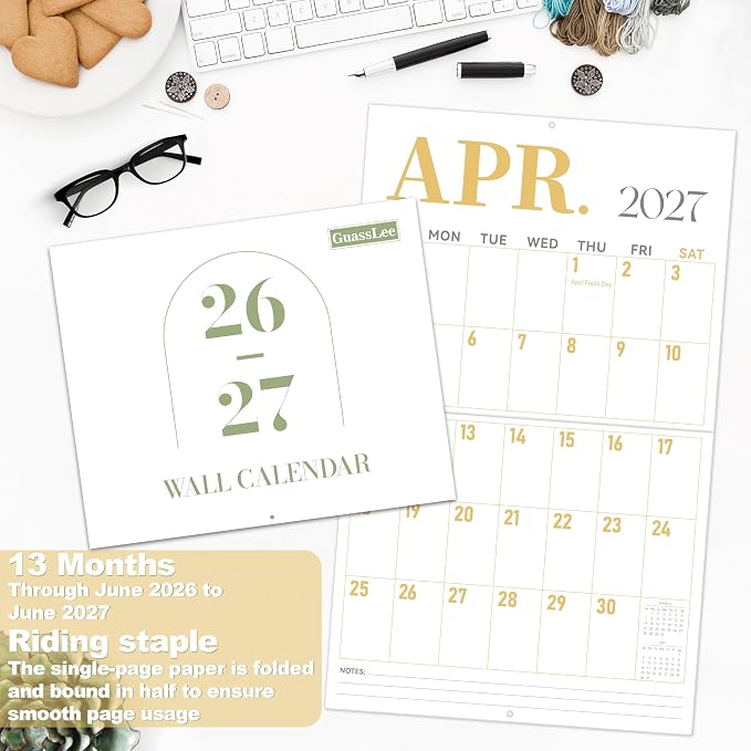 GuassLee Wall Calendar 2026-2027 Large, 23"x14" Vertical Wall Calendar 2026, 13-Month from 2026 Jun to 2027 Jun, Monthly Planner Hanging Calendar with Big Grid Big Numbers for Home Office Organizing