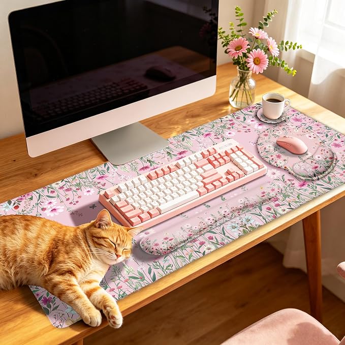LIMKRIAN Floral Desk Mat Set, Cute Pink Desk Accessories Gifts for Women | Mouse Pad with Gel Wrist Rest, XXL Large Desk Pad, Ergonomic Keyboard Wrist Support, Stitched Edges, Cup Coaster, Desk Decor