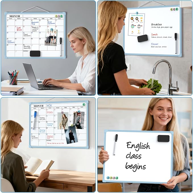 MaxGear Monthly Calendar Dry Erase Board for Wall, 16"x12", Blue Frame | Double-Sided, Hanging Small White Board, Portable Whiteboard for Planning, Drawing, Memo, to Do List, Home, Kitchen, Office