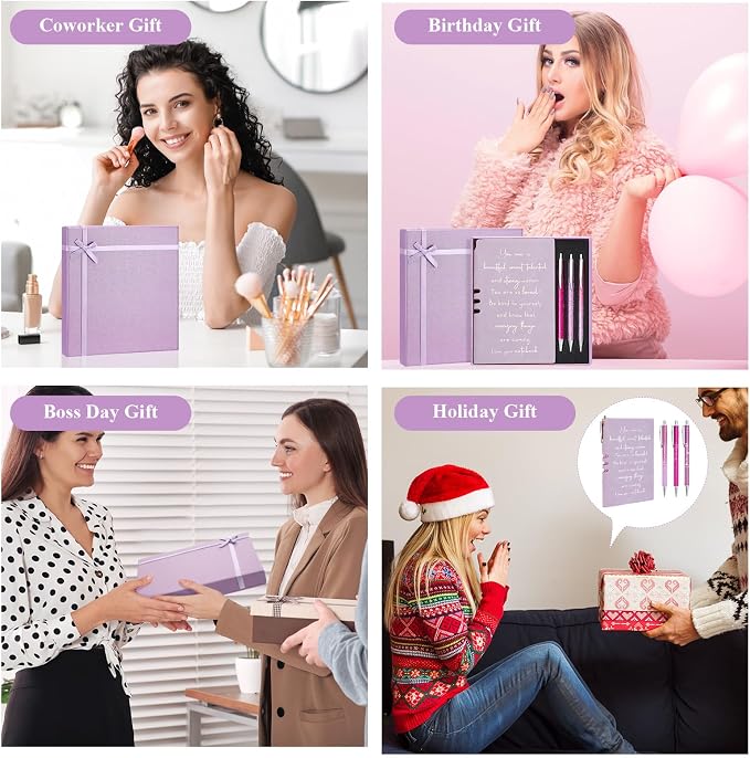 Resurhang 5 Pcs Inspirational Journal for Women Employee Appreciation Gift A6 Leather Journal Glitter Ballpoint Pen with Box for Back to School Teacher Coworker Female Secretary Nurse(Purple)