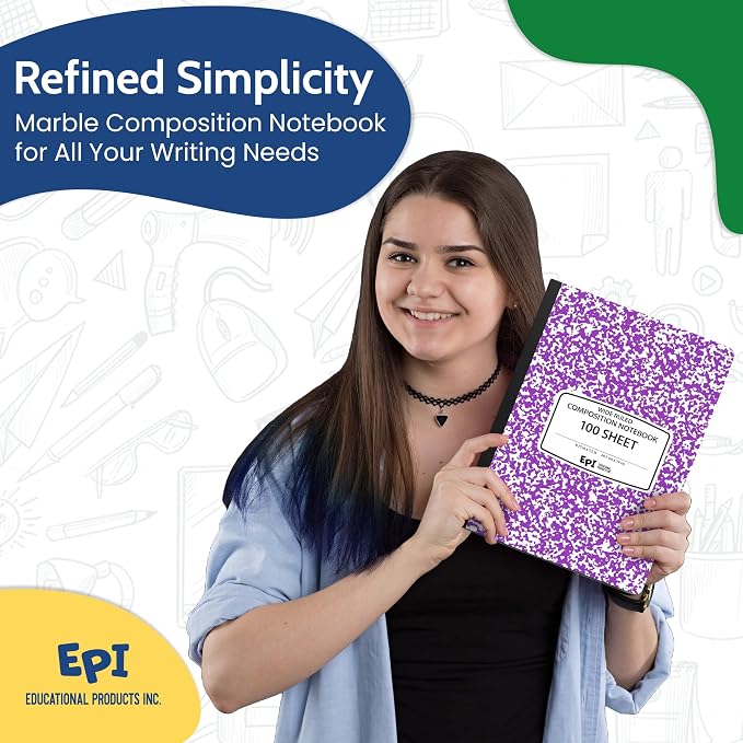 12 Pack - EPI Wide Ruled Composition Notebook Assorted Marble Colors - 200 Pages (100 Sheets), 9-3/4 x 7-½ - Classroom Back to School Supplies, Heavy Duty, Durable Hardcover Office Notebooks, Sewn