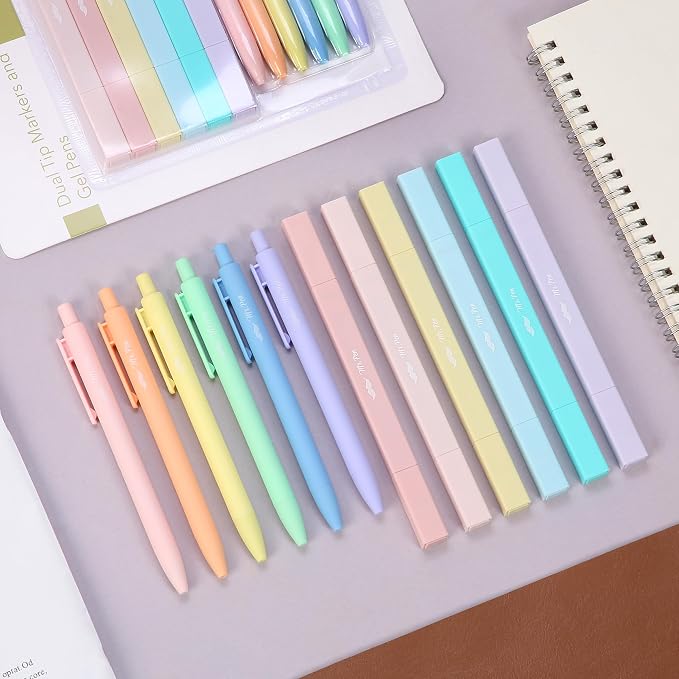 Mr. Pen- Dual Tip Aesthetic Highlighters and Gel Pens, 12 Pack | Pastel Colors Bible Highlighters No Bleed, Colored Ink Gel Pens, Fast Dry and No Smear for Bible Journaling, Planner