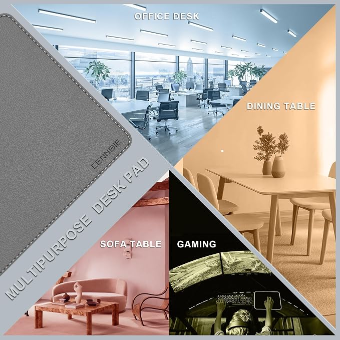 CENNBIE 35.5" x 16" Leather Desk Mat, Computer Mouse Pad for Office(Grey) | Premium stitched edges resist wear. Easy to clean. Protects desk from spills, stains ,scratches. Smooth glide. Office & home.