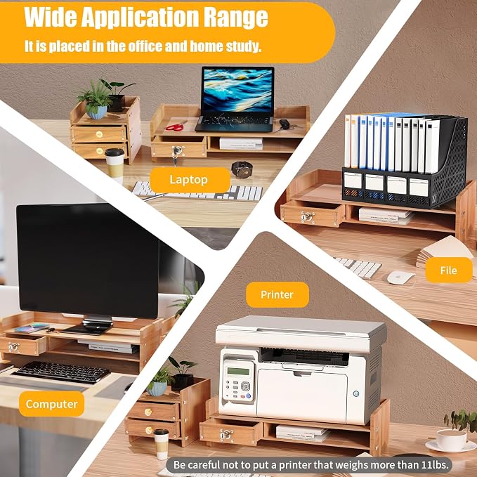 Wood Monitor Stand Riser Computer Laptop Desktop Organizer W/ Drawers + Lock Tray DIY, Desk Drawer Organizers Wood Desk Paper Organizer for Home Office