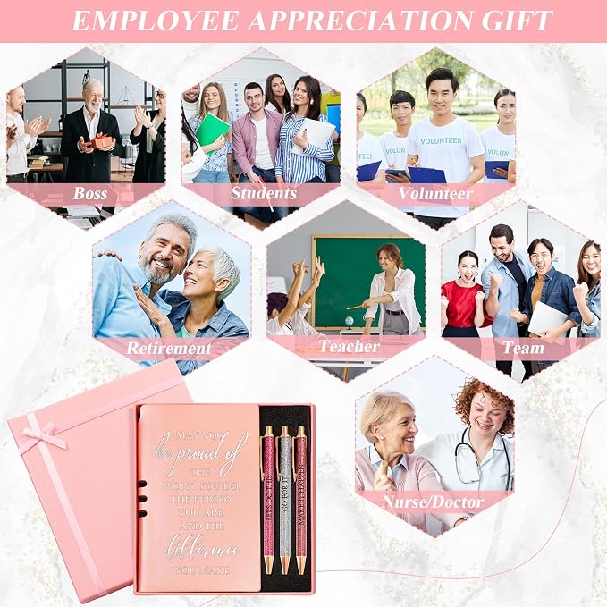 Resurhang 5 Pcs Employee Appreciation Gift Leather Journal Notebook 3 Ballpoint Pens with Box Thank You Gift for Nurse Volunteer Teacher Secretary Assistant Coworker Women(Rose Gold)