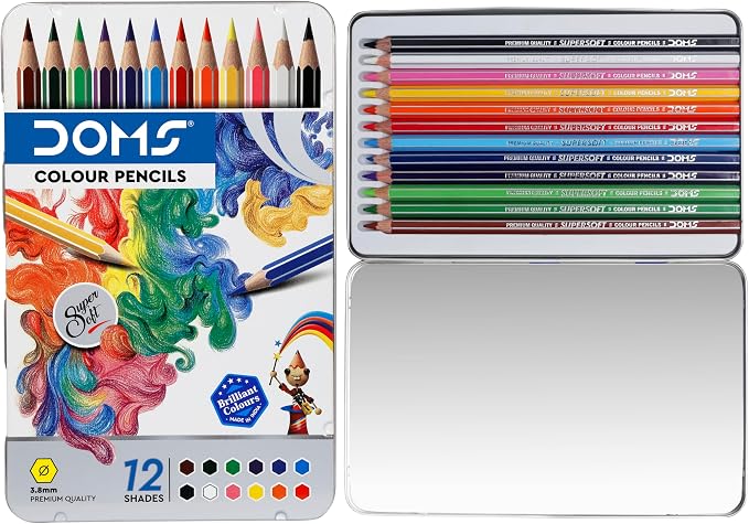 Doms Supersoft Non-Toxic Colour Pencil Set in Flat Tin Box (12 Assorted Shades)