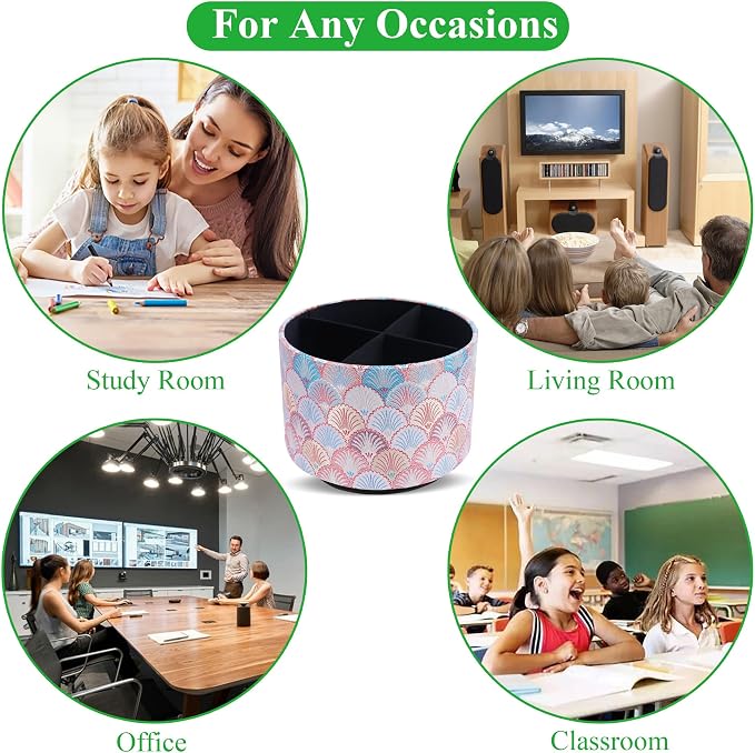 Round Leather Art Supply Organizer,Remote Control Holder,360-degree Rotating Pen Organizer with 4 Compartments(1-Peacock Pink)