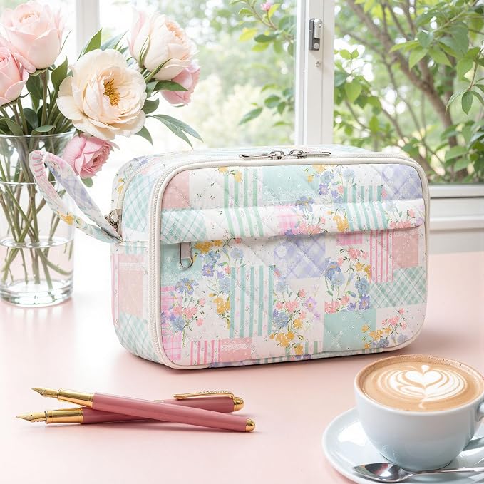WOBAGMEN Quilted Pencil Pouch for Women, Large Capacity Pencil Case with Compartments, Cute Aesthetic Pencil Organizer, Floral Stationery Pouch(Colorful Patchwork)