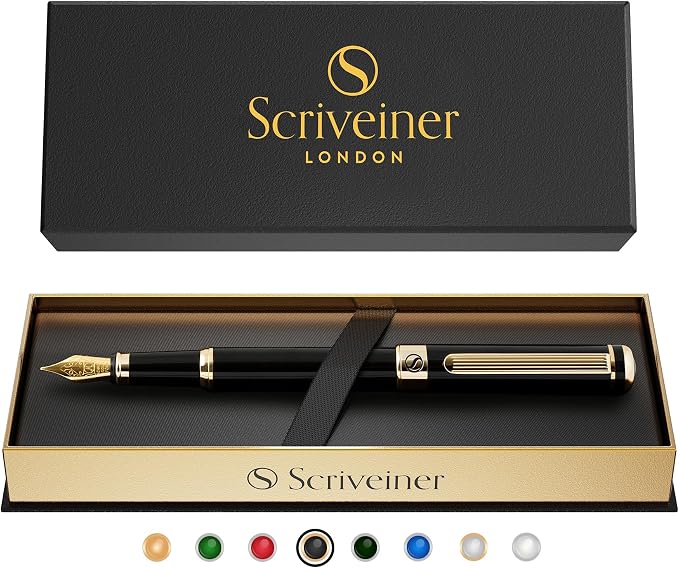 Scriveiner Luxury Fountain Pen - Stunning Black Lacquer Pen, Real Gold Finish, Schmidt Gilded Nib (Extra Fine), Converter, Best Pen Gift Set for Men & Women, Professional, Executive, Office, Nice Pens