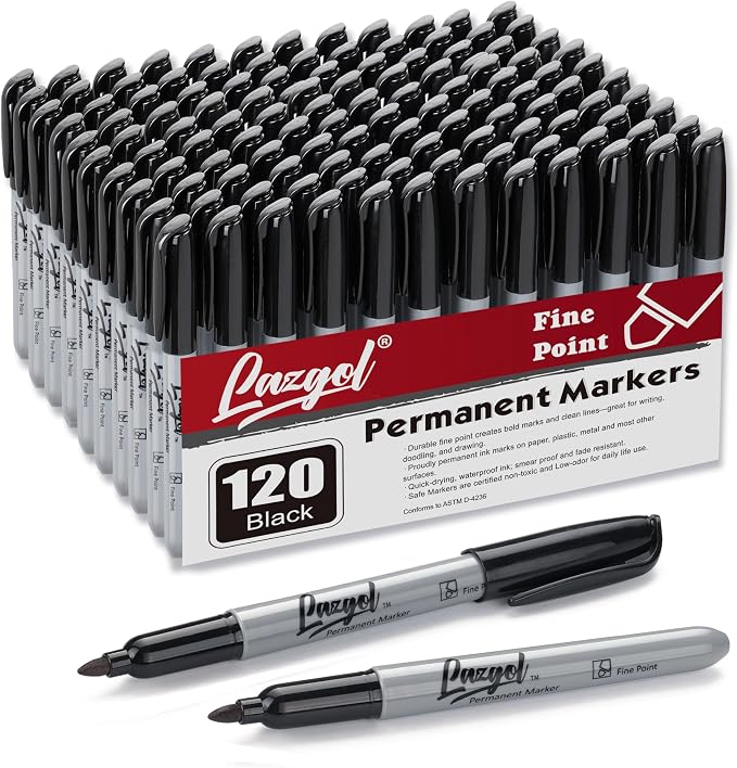 LAZGOL Permanent Markers Bulk, 120 Pack Fine Tip Black Permanent Markers, Waterproof Markers, Premium Smear Proof Pens, Quick Drying, Office Supplies for School, Office, Home