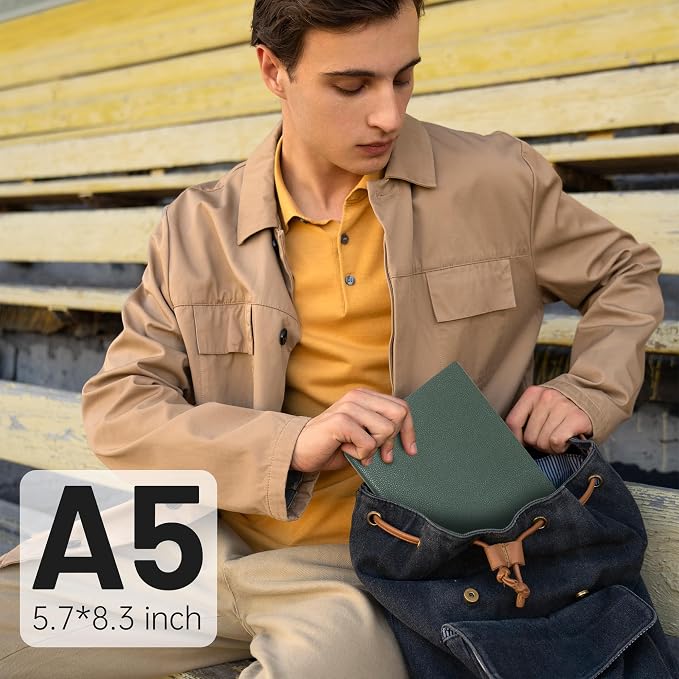 CAGIE Lined Journal Notebook for Men & Women,176 Pages A5 Medium Size, Softcover Leather Journals for Writing, College Ruled Notebook for Work & School, 100 GSM Thick Paper (5.7'' x 8.3'') (Green)