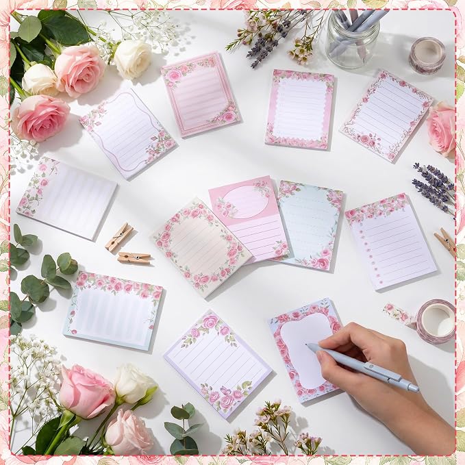Chiisong 12 Pcs Cute Sticky Notes for Women Gift Floral Sticky Notes Teacher to Do List Notepad Pretty Memo Pad Rose Flower Notepads for Plant Lover Wedding Gift Home Teacher Office Supplies