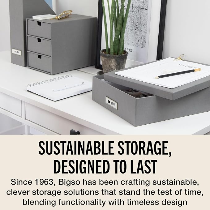 Bigso Oskar Fiberboard Label Frame Document Letter Box - File Organizer Box for Important Paperwork - Document Storage with a Lid & Metal Label Window - 3.3 in x 10.2 in x 13.8 in - Grey